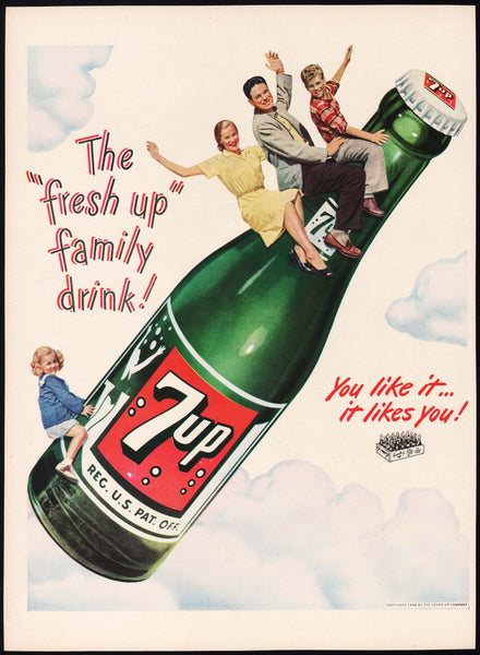 Vintage magazine ad 7 UP SODA 1948 family riding on bottle pictured with crate