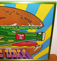 Vintage sign 7 UP Have Un! cardboard bottle burger 1971 professionally framed n-mint