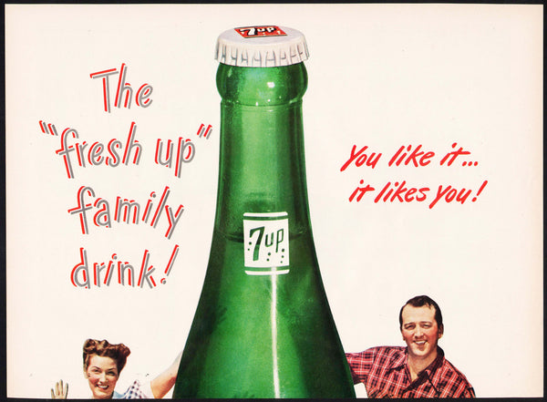 Vintage magazine ad 7 UP from 1947 large bottle and family You Like It 2 page