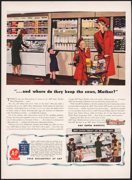 Vintage magazine ad A and P Super Markets from 1941 women and kids shopping