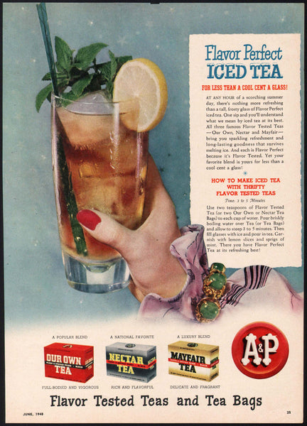 Vintage magazine ad A and P FLAVORED TEA BAGS from 1948 three varieties pictured