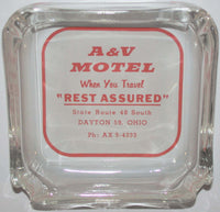 Vintage glass ashtray A & V MOTEL Rest Assured Dayton Ohio new old stock n-mint+