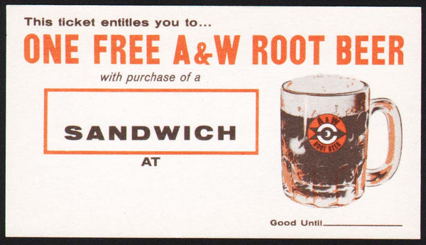 Vintage coupon A and W ROOT BEER One Free bullseye mug pictured unused n-mint+