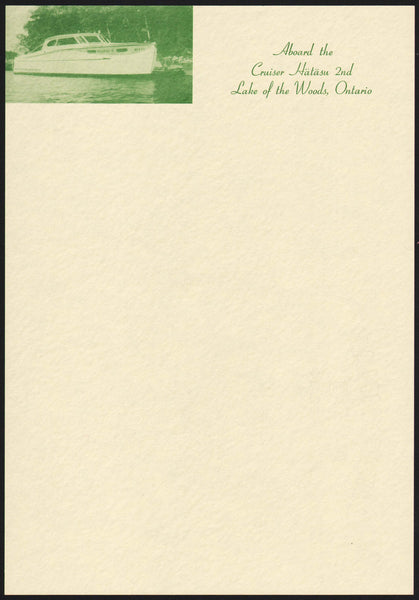 Vintage letterhead ABOARD THE CRUISER HATASU Lake of the Woods Ontario Canada