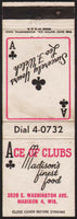 Vintage matchbook cover ACE OF CLUBS restaurant Leo F Welch Madison Wisconsin