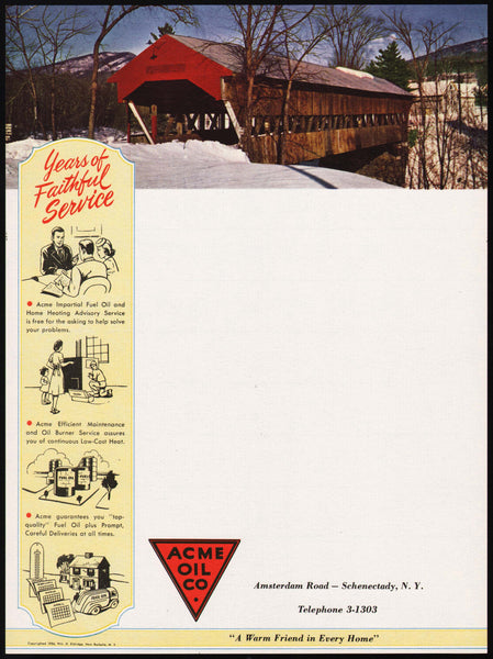 Vintage letterhead ACME OIL CO covered bridge pictured 1954 Schenectady New York