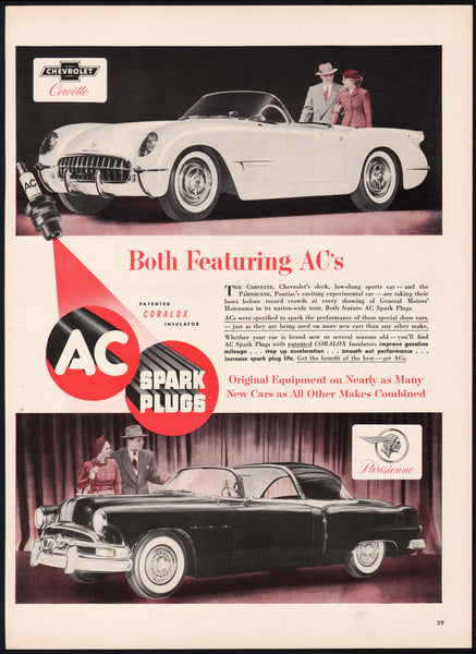 Vintage magazine ad AC SPARK PLUGS 1953 Chevrolet Corvette Pontiac Parisienne