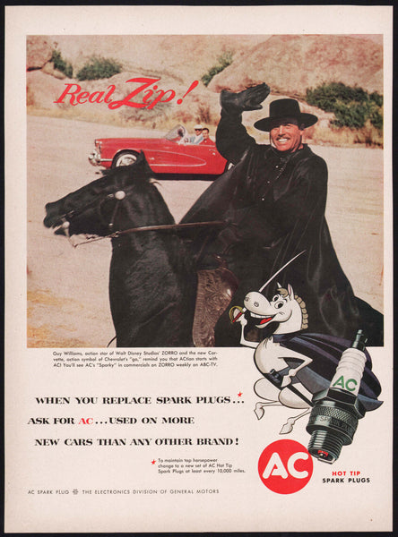Vintage magazine ad AC SPARK PLUGS from 1959 Guy William as Walt Disneys Zorro