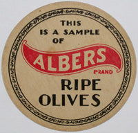 Vintage lid ALBERS BRAND Rip Olives states This is a Sample unused excellent++ condition