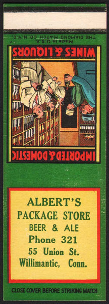 Vintage matchbook cover ALBERTS PACKAGE STORE beer Willimantic salesman sample