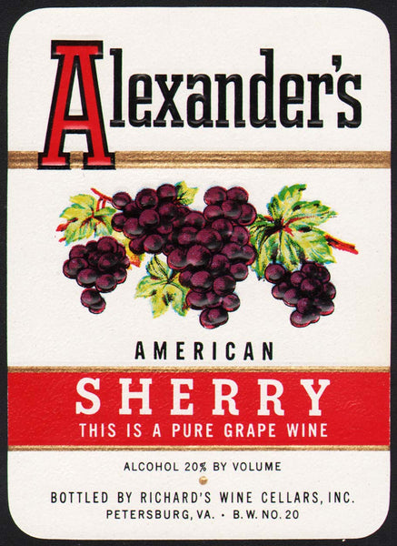 Vintage label ALEXANDERS American Sherry Richards Wine Cellars Petersburg VA