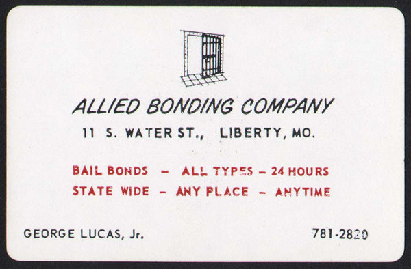 Vintage playing card ALLIED BONDING COMPANY George Lucas Jr Liberty Missouri