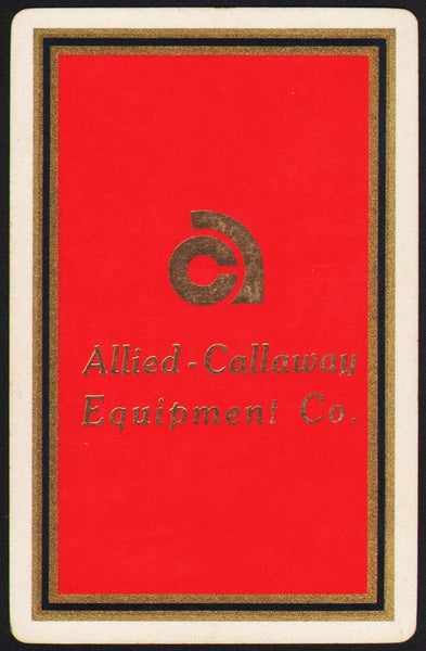 Vintage playing card ALLIED CALLAWAY EQUPMENT CO red background Kansas City MO