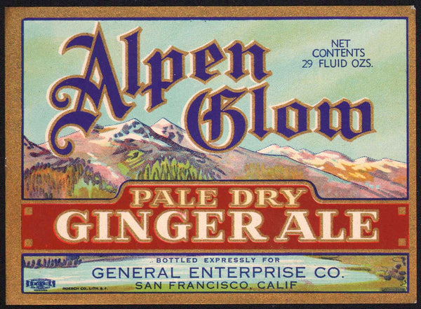 Vintage soda pop bottle label ALPEN GLOW GINGER ALE San Francisco California