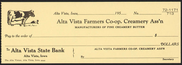 Vintage bank check ALTA VISTA FARMERS CO-OP CREAMERY ASSN cow picture 1950s Iowa