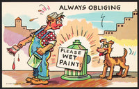 Vintage postcard ALWAYS OBLIGING man dog fire hydrant Curt Teich comic cartoon