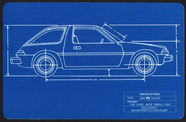Vintage playing card AMC PACER picturing a blue print of the car specifications