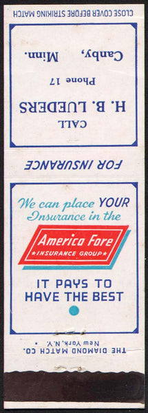Vintage matchbook cover AMERICA FORE Insurance Group H B Lueders Canby Minnesota