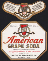 Vintage soda pop bottle label AMERICAN GRAPE SODA Milwaukee Wisconsin n-mint+