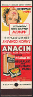 Vintage matchbook cover ANACIN COMPANY woman pain reliever pictured Jersey City NJ