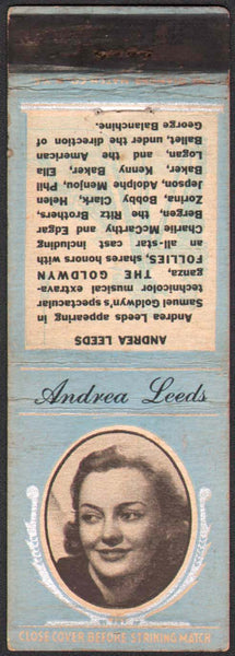 Vintage matchbook cover ANDREA LEEDS movie star blue Diamond Match with bio