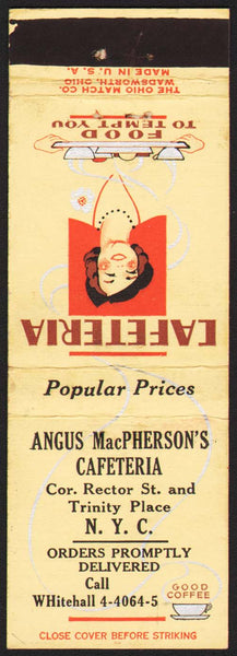 Vintage matchbook cover ANGUS MacPHERSONS CAFETERIA waitress pictured New York City