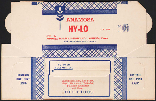 Vintage box ANAMOSA HY-LO ice milk Farmers Creamery Iowa dated 1931 unused n-mint