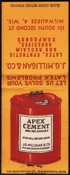 Vintage full matchbook APEX CEMENT can pictured J G Milligan Milwaukee Wisconsin