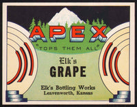 Vintage soda pop bottle label APEX ELKS GRAPE Leavenworth Kansas unused n-mint+