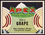 Vintage soda pop bottle label APEX ELKS GRAPE Leavenworth Kansas unused n-mint+
