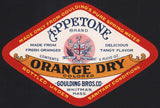 Vintage soda pop bottle label APPETONE ORANGE DRY Whitman Mass unused n-mint+