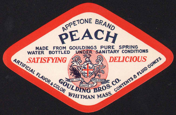 Vintage soda pop bottle label APPETONE PEACH Whitman Mass new old stock n-mint+
