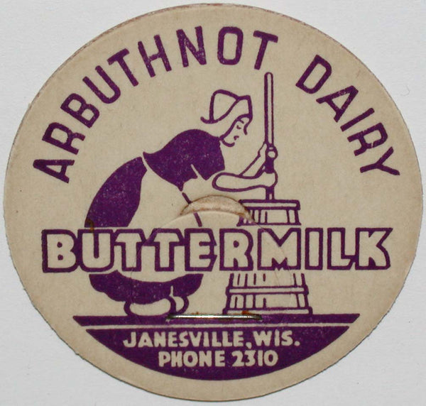 Vintage milk bottle cap ARBUTHNOT DAIRY Buttermilk milkmaid Janesville Wisconsin