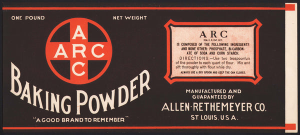 Vintage label ARC BAKING POWDER One Pound size Allen Rethemeyer Co St Louis MO