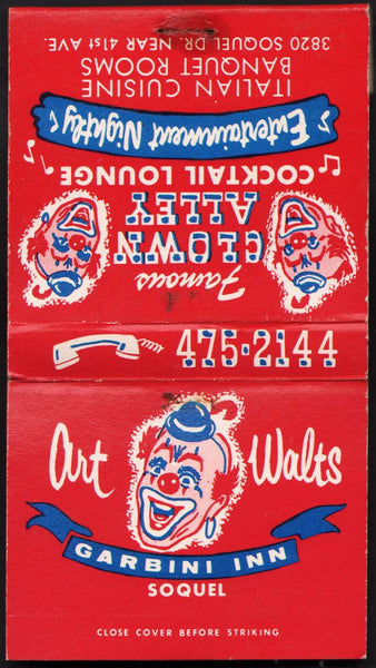 Vintage full matchbook ART WALTS GARBINI INN Clown Alley pictured Soquel California