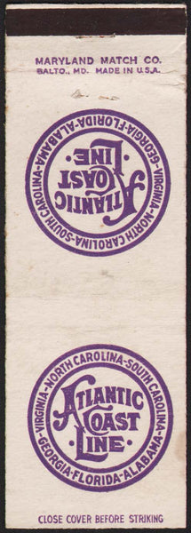 Vintage matchbook cover ATLANTIC COAST LINE railroad North and South Carolina