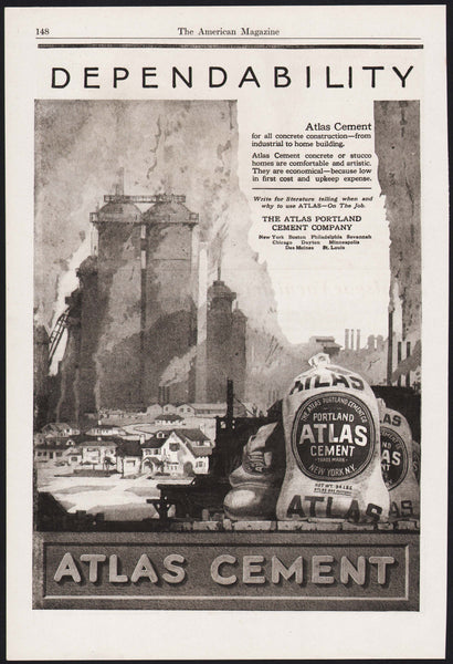 Vintage magazine ad ATLAS CEMENT 1919 picturing bags and a town with a factory