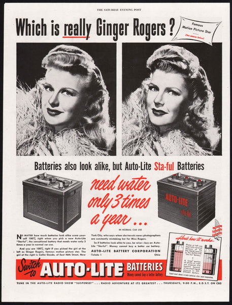 Vintage magazine ad AUTO LITE BATTERIES from 1948 Ginger Roger lookalike picture