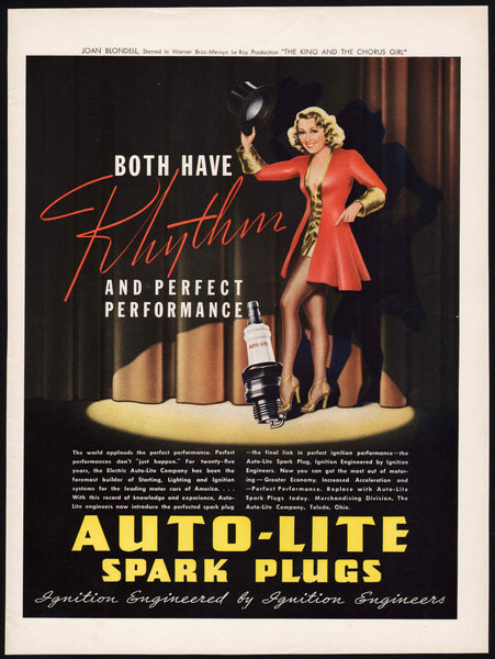 Vintage magazine ad AUTO LITE SPARK PLUGS from 1937 picturing Joan Blondell
