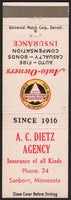 Vintage matchbook cover AUTO OWNERS Insurance A C Dietz Agency Sanborn Minnesota