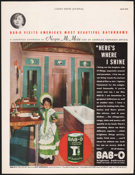 Vintage magazine ad BAB-O cleaner from 1932 with Neysa McMein bathroom pictured