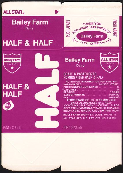 Vintage box BAILEY FARM DAIRY Half and Half milk carton St Louis Missouri unused