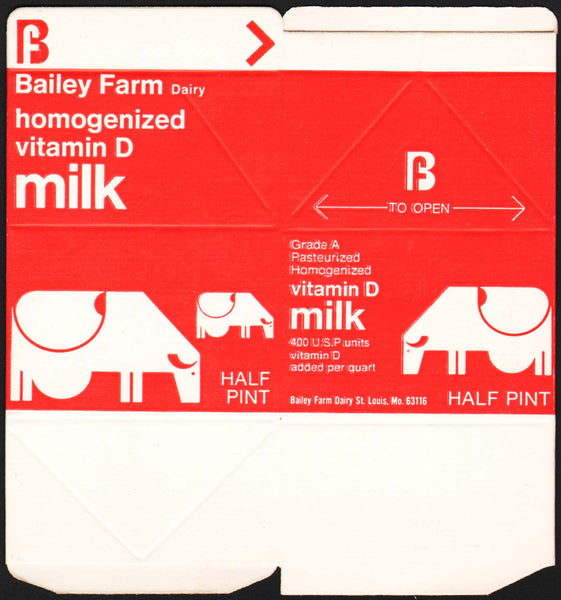 Vintage box BAILEY FARM DAIRY Vitamin D milk carton St Louis Missouri unused