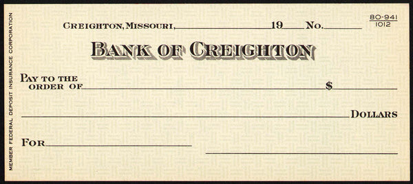 Vintage bank check BANK OF CREIGHTON Missouri unused new old stock n-mint condition