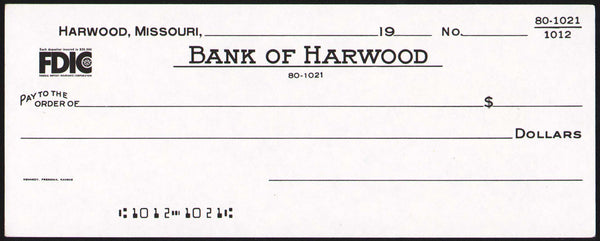 Vintage bank check BANK OF HARWOOD from Harwood Missouri unused new old stock