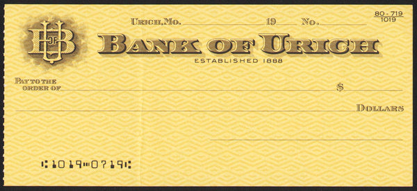 Vintage bank check BANK OF URICH Missouri yellow unused new old stock n-mint