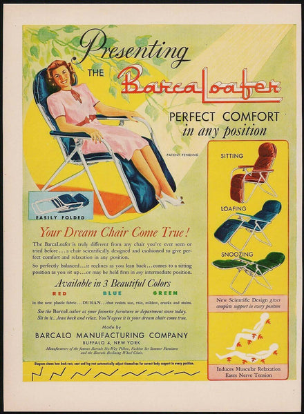 Vintage magazine ad BARCA LOAFER 1946 woman in chair Barcalo Buffalo New York