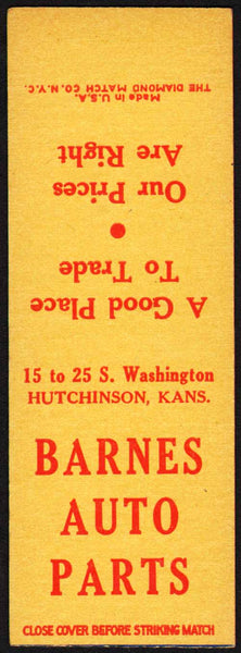 Vintage matchbook cover BARNES AUTO PARTS Hutchinson Kansas salesman sample