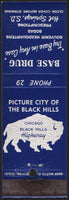 Vintage matchbook cover BASE DRUG buffalo pictured Hot Springs South Dakota