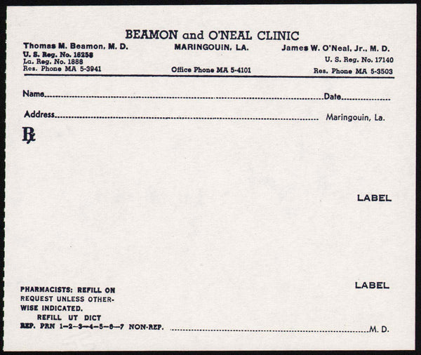 Vintage prescription BEAMON and O NEAL CLINIC Maringouin Louisiana unused n-mint+